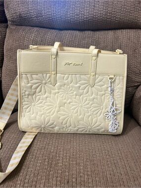 Betsey Johnson Cream Floral Quilted Tote with Gingham Strap